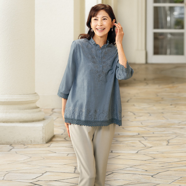 刺しゅう・レース使い綿混ブラウス