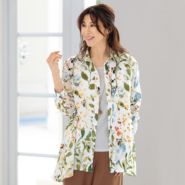 綿混ボタニカルプリントシャツチュニック