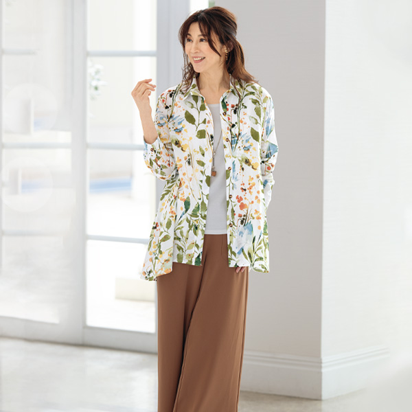 綿混ボタニカルプリントシャツチュニック