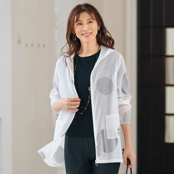 綿混ジャカード素材プリントパーカーブルゾンジャケット