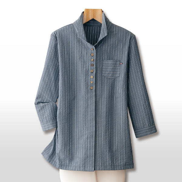 綿混先染めストライプジャカードブラウス