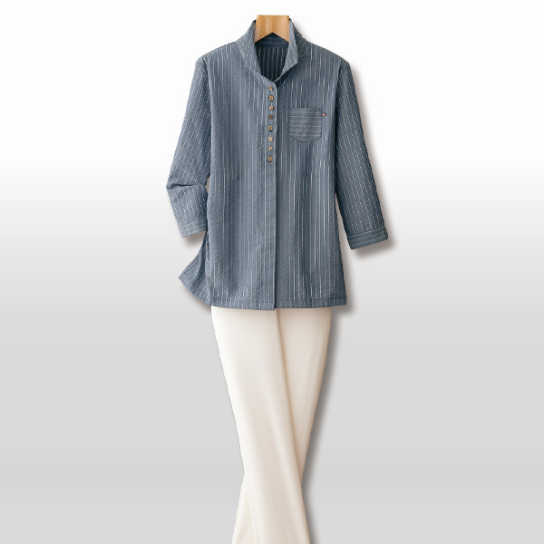 綿混先染めストライプジャカードブラウス