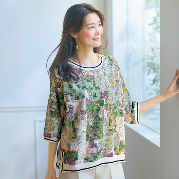 リブ切替えプルオンブラウス