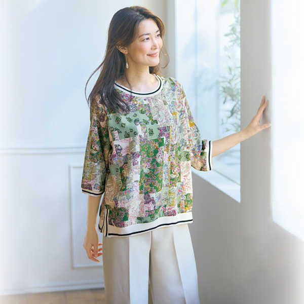 リブ切替えプルオンブラウス