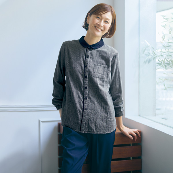 襟配色ダブルガーゼブラウス