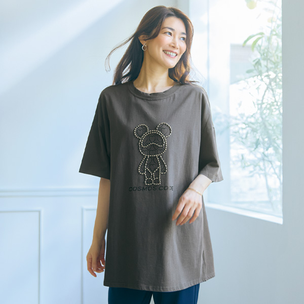 クマモチーフゆったりチュニックTシャツ