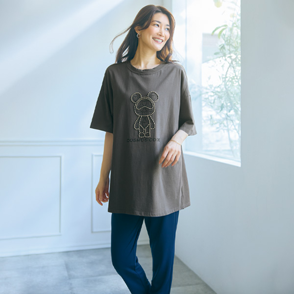 クマモチーフゆったりチュニックTシャツ