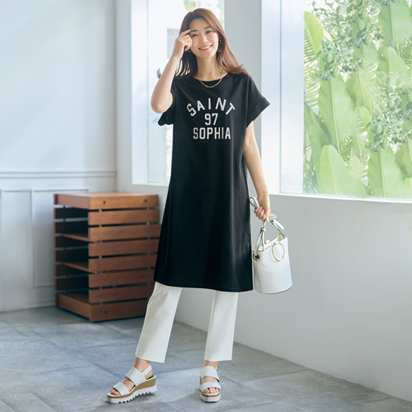 鹿の子編みロゴ入りチュニックワンピース