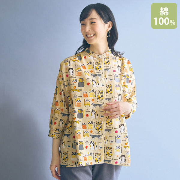 ネコちゃんイラストのプリントブラウス