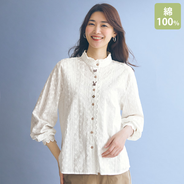 ワッペン使い綿100％総刺しゅうブラウス