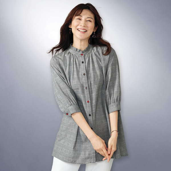 フリル襟チェックロングブラウス