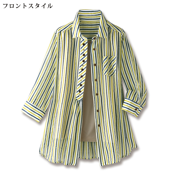 多ボタン前開き七分袖シャツ