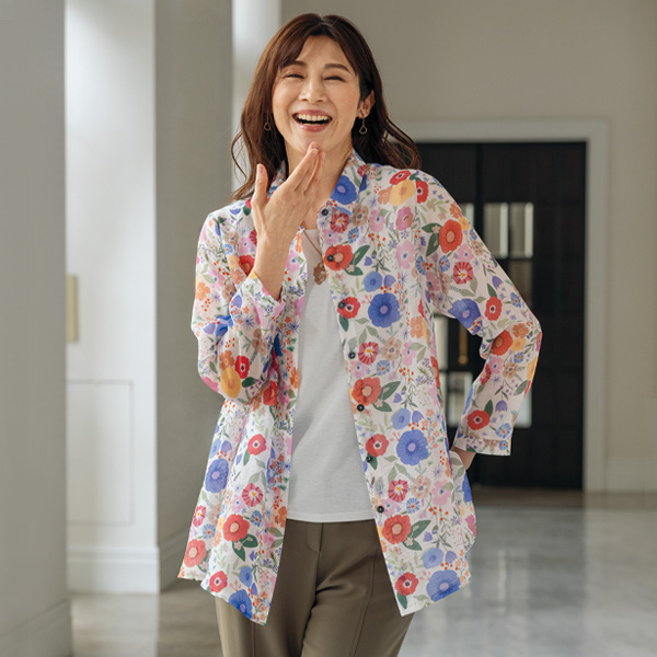 シアー花柄プリントシャツ