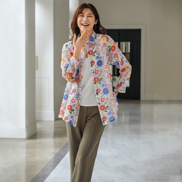 シアー花柄プリントシャツ