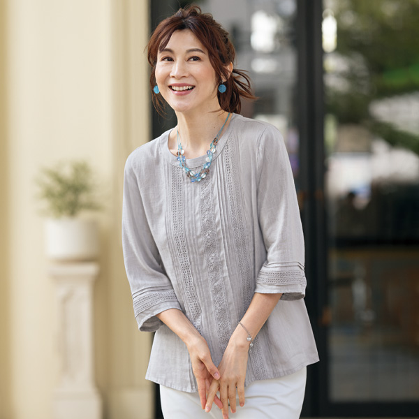 麻混レース使いブラウス