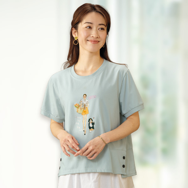 脇ボタンプリントTシャツ