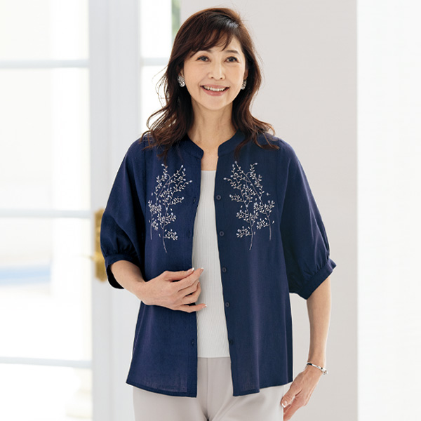 麻混刺しゅう使いブラウス