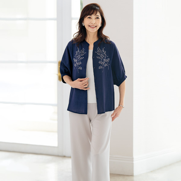 麻混刺しゅう使いブラウス