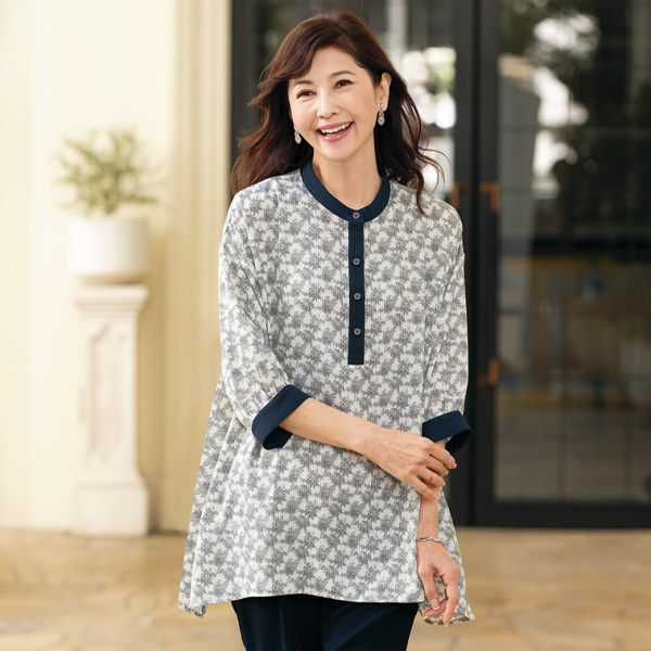 配色バンドカラ－フレアチュニック