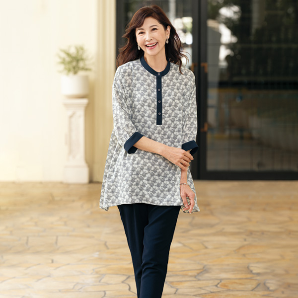 配色バンドカラ－フレアチュニック