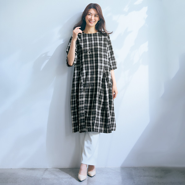 綿100％チェックフレアワンピース