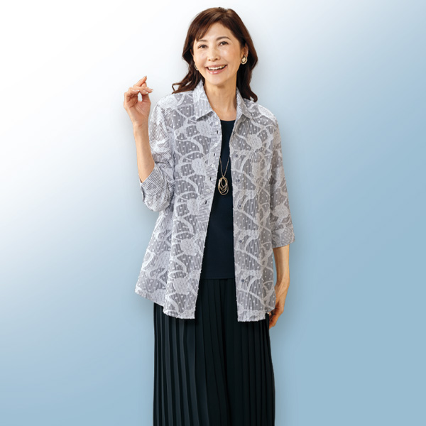 ボタンデザインストライプジャカードブラウス