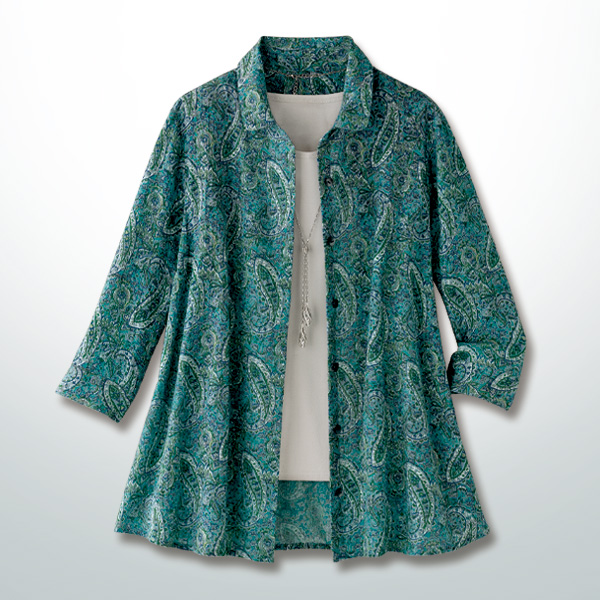 麻混ペイズリープリントブラウス