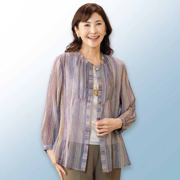 ぼかしストライプフリル襟ブラウス