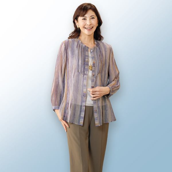 ぼかしストライプフリル襟ブラウス