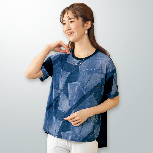 デニム調パッチワークプリントプルオーバー