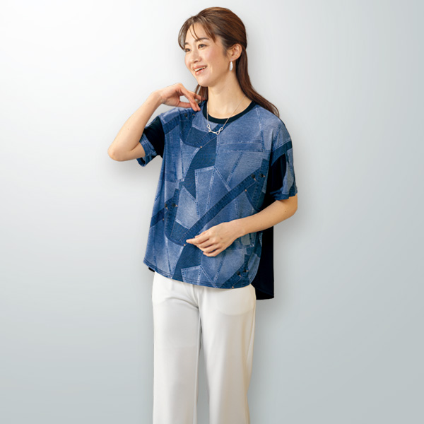 デニム調パッチワークプリントプルオーバー