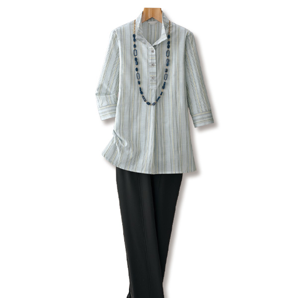 オーガニックコットン先染めストライプチュニックブラウス