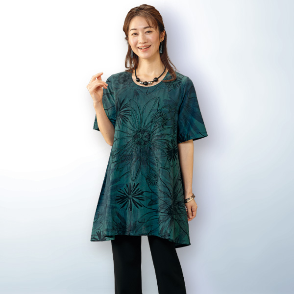 花柄コード刺しゅうロングブラウス