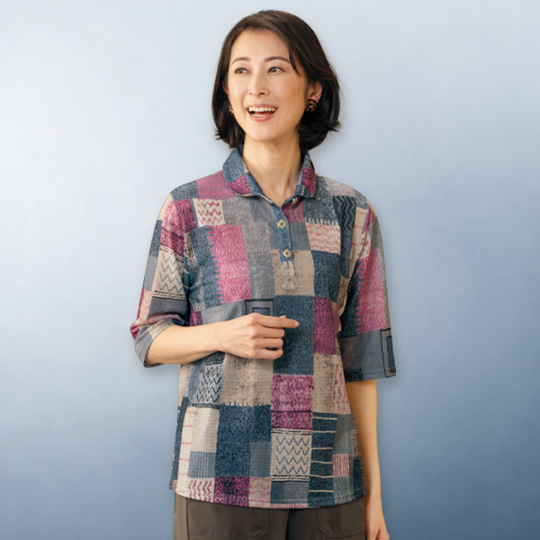 ブロック柄襟付きプルオーバー