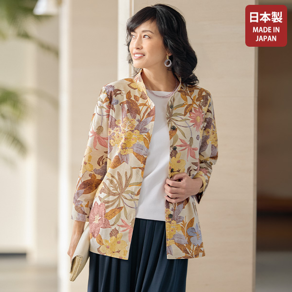 麻混プリントスタンド襟ブラウスジャケット