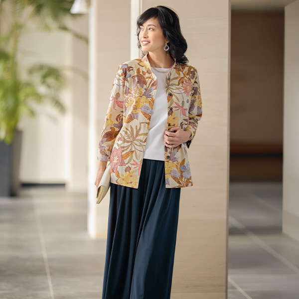 麻混プリントスタンド襟ブラウスジャケット