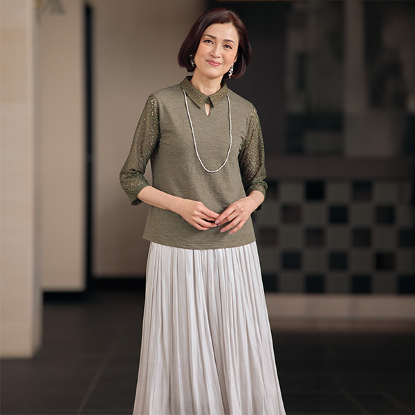 レース使い綿杢調カットソープルオーバー