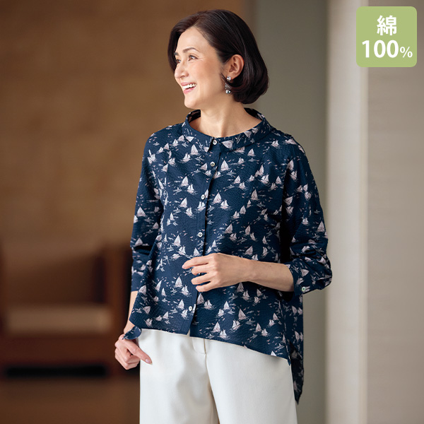 ミラクルウェーブ綿100％ヨット柄ブラウス