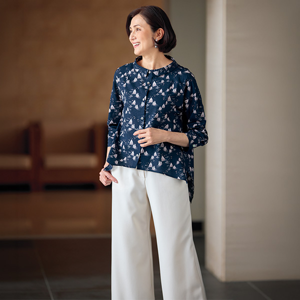 ミラクルウェーブ綿100％ヨット柄ブラウス