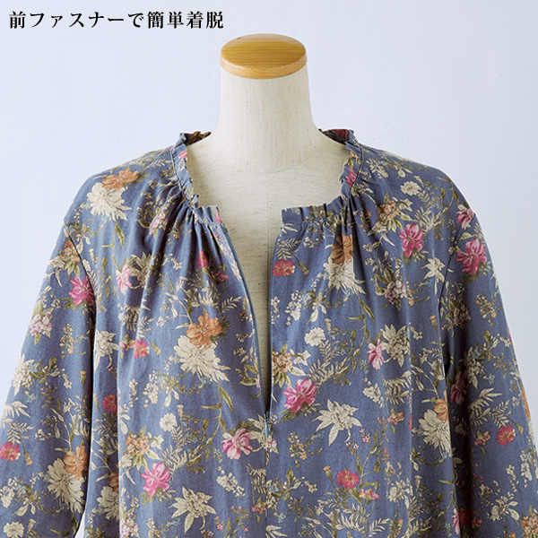 前ファスナー使い綿麻プリントワンピース 大きいサイズ M LL 4L