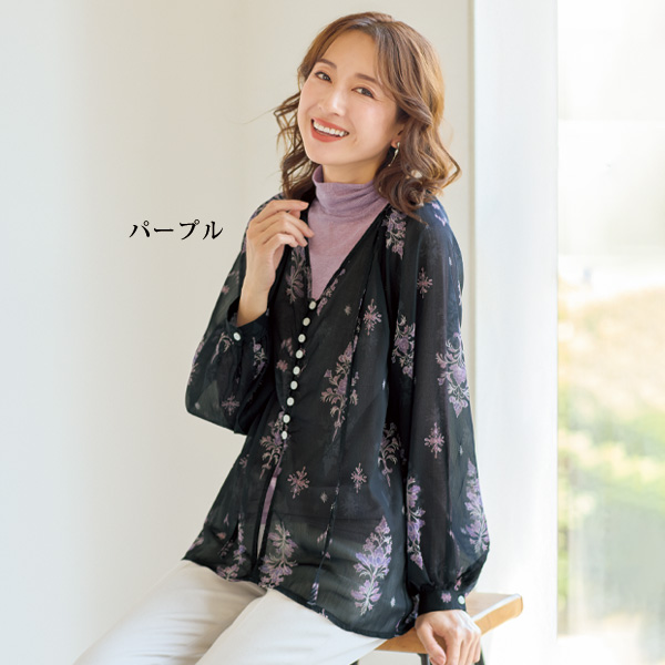 シルクブレンド花柄ジャカードシアープルオーバー