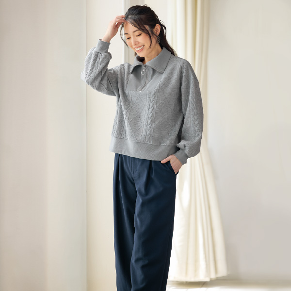 杢調ジャカードカットソー異素材使いプルオーバー