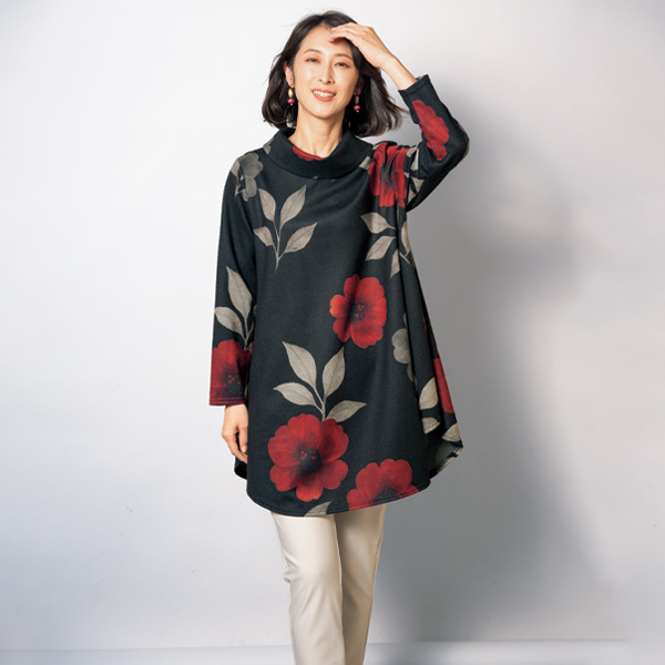 花柄プリントフレア起毛チュニック