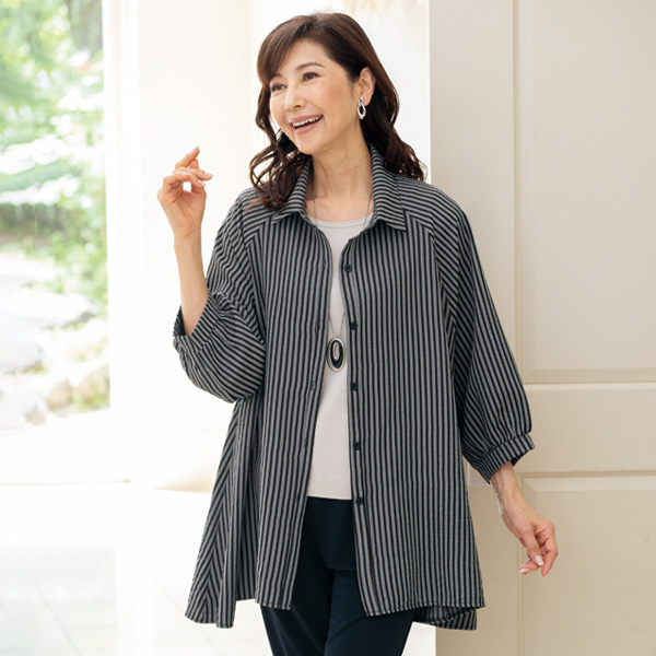 ゆったりストライプロングシャツ