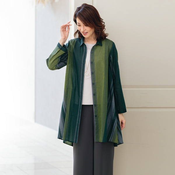 ランダムストライプロングシャツブラウス