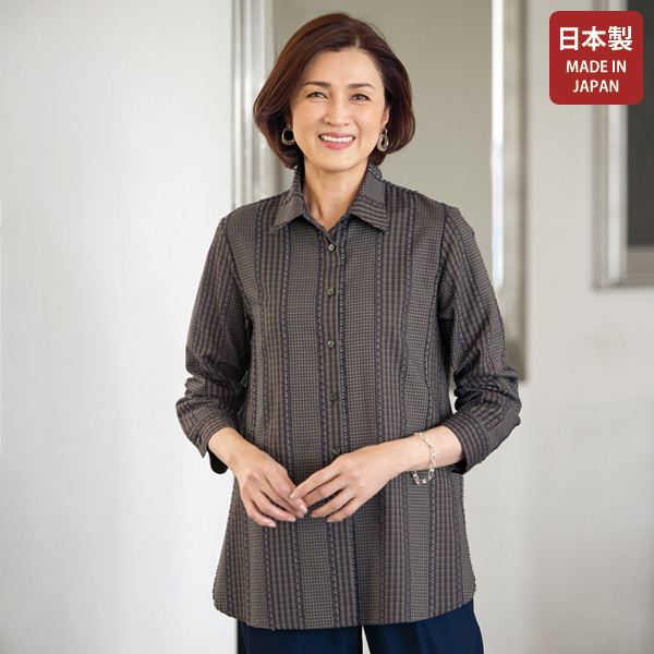 ストライプライン格子柄チュニックブラウス
