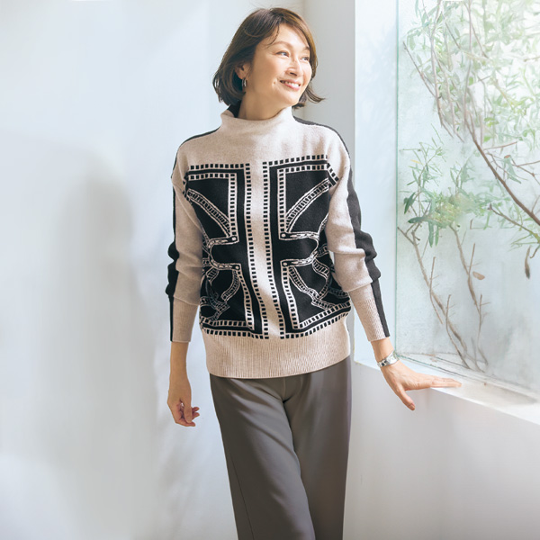 前後着用可モチーフ柄ニット