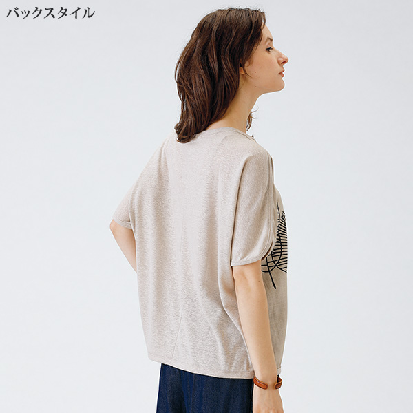 麻混 異素材切替プリントプルオーバー