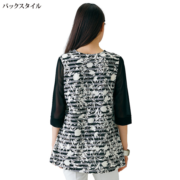 綿混 袖メッシュ花柄チュニック / 大きいサイズ ML LL 3L | 京都 綿混 袖メッシュ花柄チュニック / 大きいサイズ ML LL 3L | 京都