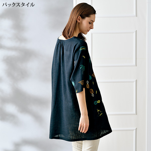 麻混刺しゅう使いコクーンプルオーバー